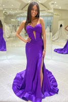 Load image into Gallery viewer, Sparkly Mermaid Dark Blue Corset Prom Dress with Slit
