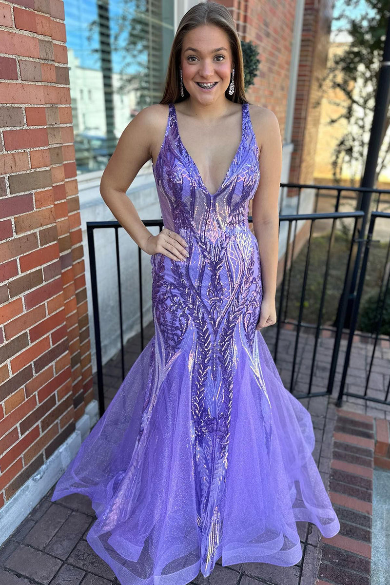 Queendancer Women Sparkly Purple Mermaid V Neck Sequins Long Prom