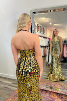 Load image into Gallery viewer, Golden Mermaid Halter Deep V-Neck Mirror Prom Dress With Slit