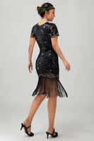 Load image into Gallery viewer, Sparkly Black Bodycon Short Sleeves Fringed Flapper Dress with 20s Accessories Set