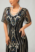 Load image into Gallery viewer, Sparkly Black Golden Sequins Bodycon Short Sleeves Flapper Dress with Fringes