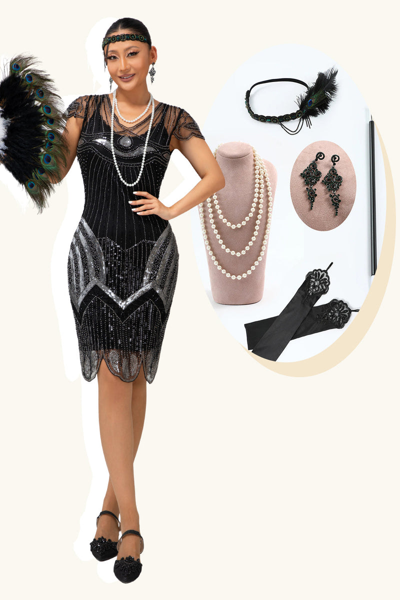 Load image into Gallery viewer, Sparkly Black Silver Bodycon Beaded Flapper Dress with 20s Accessories Set