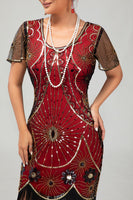 Load image into Gallery viewer, Sparkly Black Red Short Sleeves Fringed Flapper Dress with 20s Accessories Set