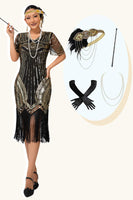 Load image into Gallery viewer, Sparkly Black Golden Fringed V-Neck Sequins Flapper Dress with 20s Accessories Set