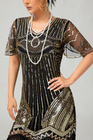 Load image into Gallery viewer, Sparkly Black Golden Fringed V-Neck Sequins Flapper Dress with 20s Accessories Set