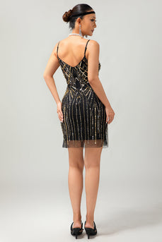 Sparkly Black Golden Spaghetti Straps Sequins Tight Flapper Dress with 20s Accessories Set