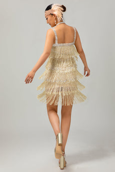 Sparkly Golden Sequins Short Fringed Flapper Dress with 20s Accessories Set