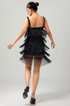 Sparkly Black Tight Short Fringed Flapper Dress with 20s Accessories Set