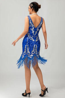 Sparkly Royal Blue V-Neck Fringed Sequins Short Flapper Dress with 20s Accessories Set