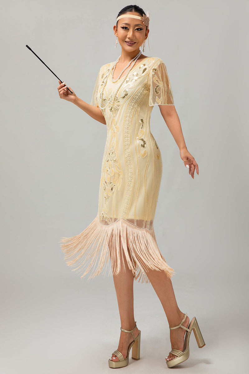 Load image into Gallery viewer, Sparkly Apricot Bodycon Fringed Flapper Dress with 20s Accessories Set
