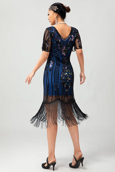 Sparkly Black Blue V-Neck Fringed Short Sleeves Flapper Dress with 20s Accessories Set