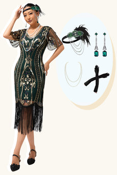 Sparkly Dark Green Sheath V-Neck Fringed Flapper Dress with 20s Accessories Set