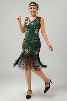 Load image into Gallery viewer, Sparkly Green Golden Fringed Sequins Sheath Short Flapper Dress with 20s Accessories Set