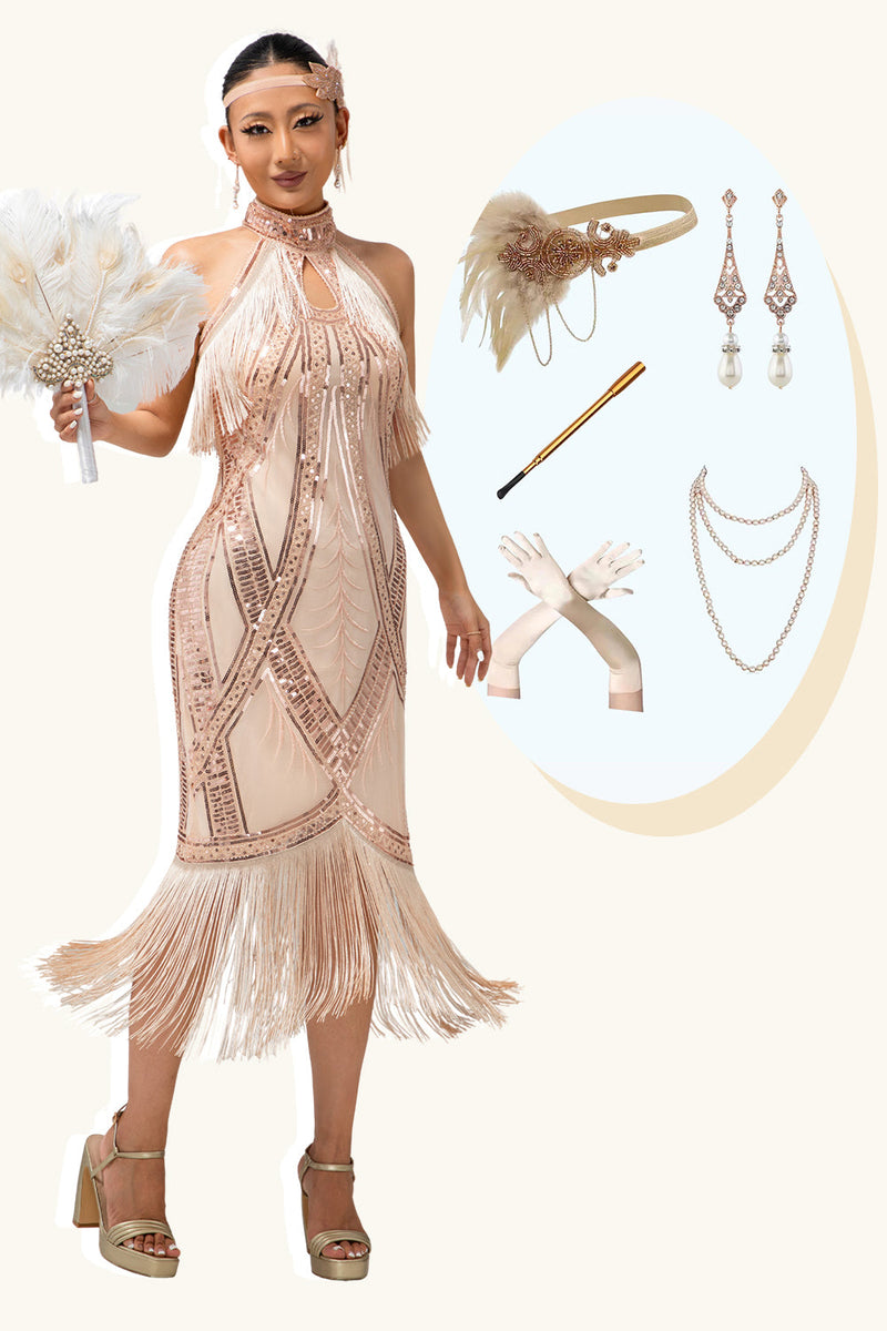 Load image into Gallery viewer, Sparkly Champagne Bodycon Halter Flapper Dress with 20s Accessories Set