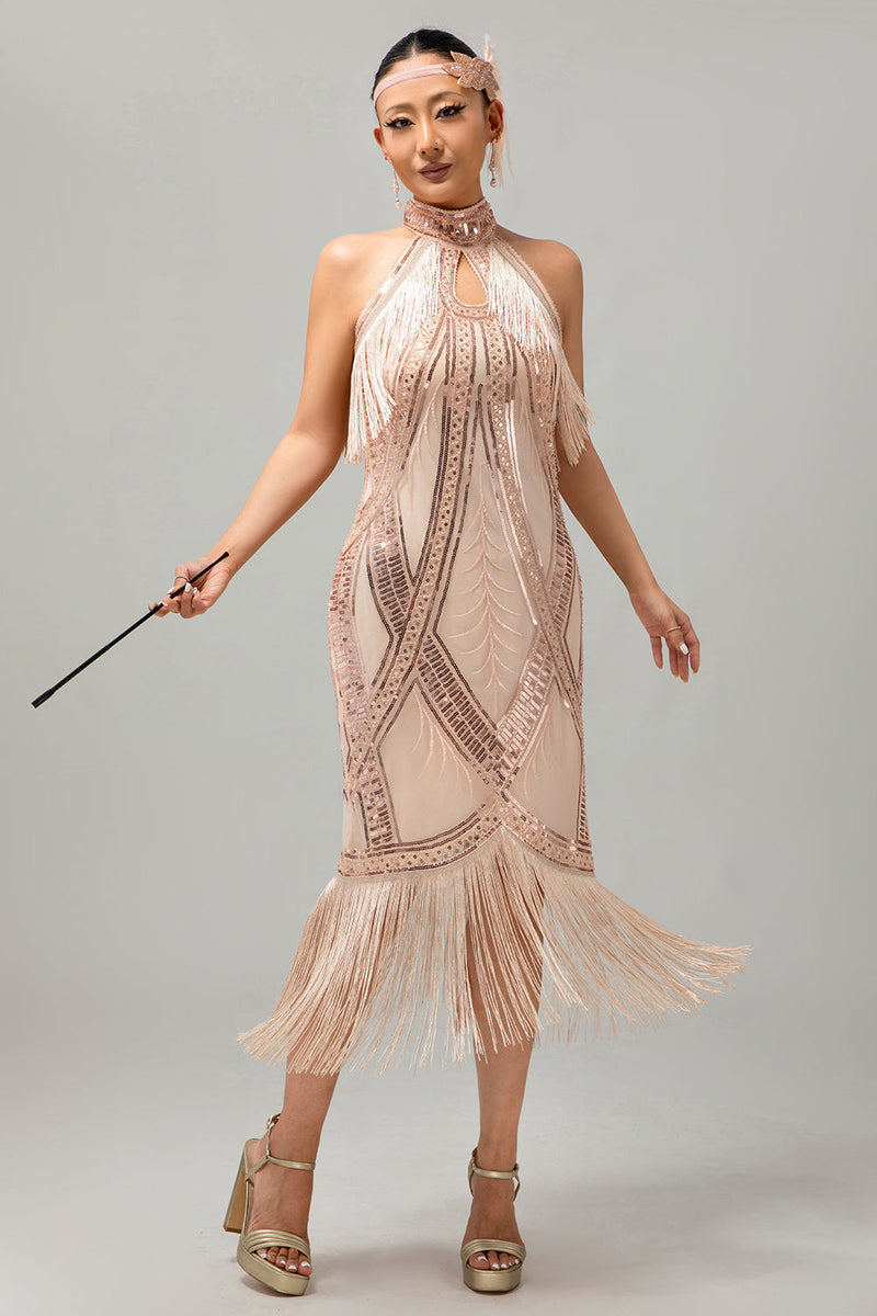 Load image into Gallery viewer, Sparkly Champagne Bodycon Halter Flapper Dress with 20s Accessories Set