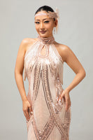 Load image into Gallery viewer, Sparkly Champagne Bodycon Halter Flapper Dress with 20s Accessories Set