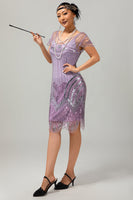 Load image into Gallery viewer, Sparkly Purple V-Neck Short Sleeves Sequins Flapper Dress with 20s Accessories Set