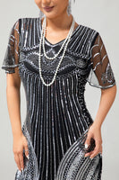 Load image into Gallery viewer, Sparkly Black Silver Sequins Short Sleeves Fringed Flapper Dress with 20s Accessories Set