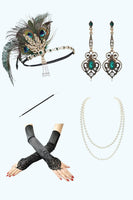 Load image into Gallery viewer, Sparkly Dark Green V-Neck Fringed Beaded Flapper Dress with 20s Accessories Set