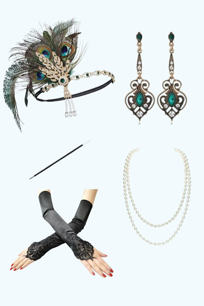 Load image into Gallery viewer, Sparkly Dark Green V-Neck Fringed Beaded Flapper Dress with 20s Accessories Set