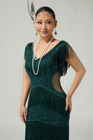 Load image into Gallery viewer, Sparkly Dark Green V-Neck Fringed Beaded Flapper Dress with 20s Accessories Set