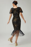 Load image into Gallery viewer, Sparkly Black Golden Beaded Fringed Flapper Dress with 20s Accessories Set