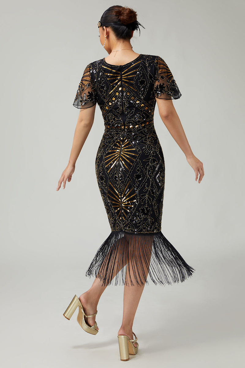 Load image into Gallery viewer, Sparkly Black Golden Beaded Fringed Flapper Dress with 20s Accessories Set