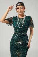 Load image into Gallery viewer, Sparkly Dark Green Bodycon Beaded Fringed Flapper Dress with 20s Accessories Set
