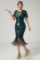 Load image into Gallery viewer, Sparkly Dark Green Bodycon Beaded Fringed Flapper Dress with 20s Accessories Set