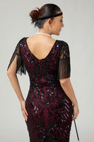 Load image into Gallery viewer, Sparkly Burgundy V-Neck Fringed Sequins Flapper Dress with 20s Accessories Set