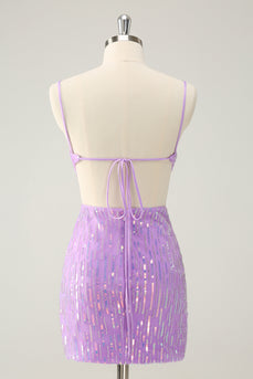 Glitter Purple Sequined Spaghetti Straps Tight Short Prom Dress