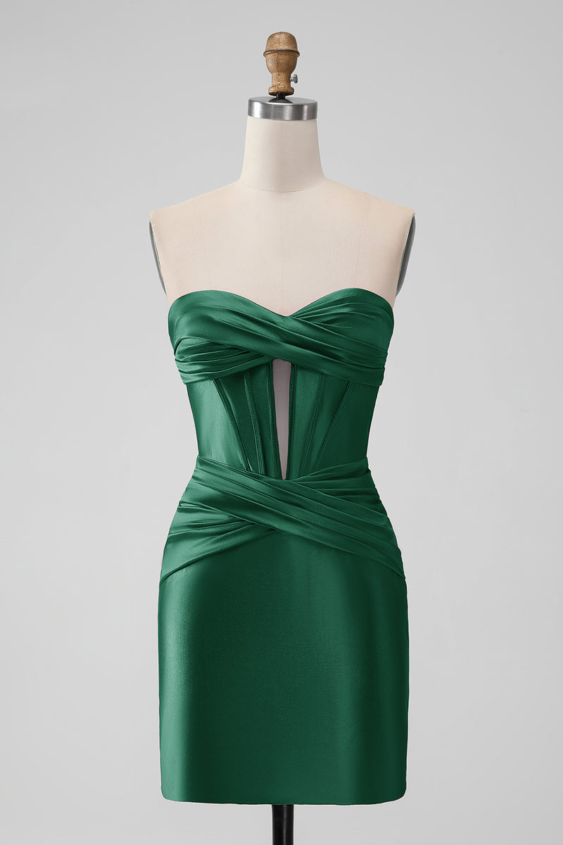 Queendancer Women Simple Dark Green Bodycon Short Prom Dress Strapless Satin  Short Party Dress  queendanceruk