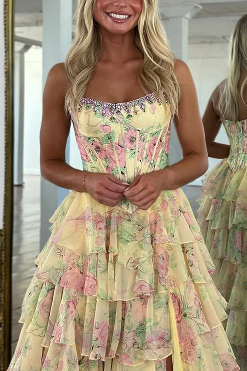 Load image into Gallery viewer, Sparkly Blue Floral Ruffled Long Corset Prom Dress with Slit