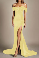 Load image into Gallery viewer, Black Off the Shoulder Mermaid Long Formal Dress with Slit