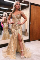 Load image into Gallery viewer, Sparkly Mermaid Off The Shoulder Dark Green Corset Prom Dress with Slit