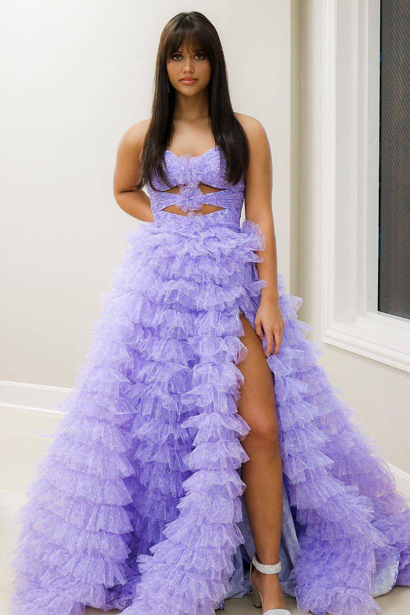 Load image into Gallery viewer, Lilac Floral Tiered Princess Corset Prom Dress with Slit