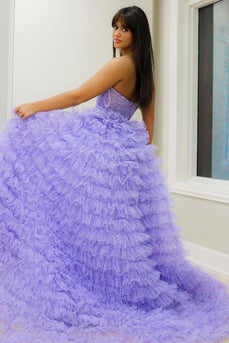 Lilac Floral Tiered Princess Corset Prom Dress with Slit