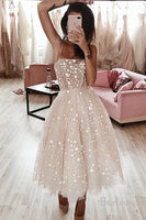 Load image into Gallery viewer, A-Line Spaghetti Strap Tea Length Pearl Pink Tulle Prom Homecoming Dress