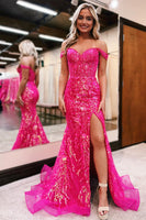 Load image into Gallery viewer, Sparkly Golden Off The Shoulder Mermaid Long Corset Prom Dress with Slit