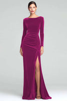 Load image into Gallery viewer, Burgundy Boat Neck Ruched Velvet Long Sleeves Holiday Party Dress