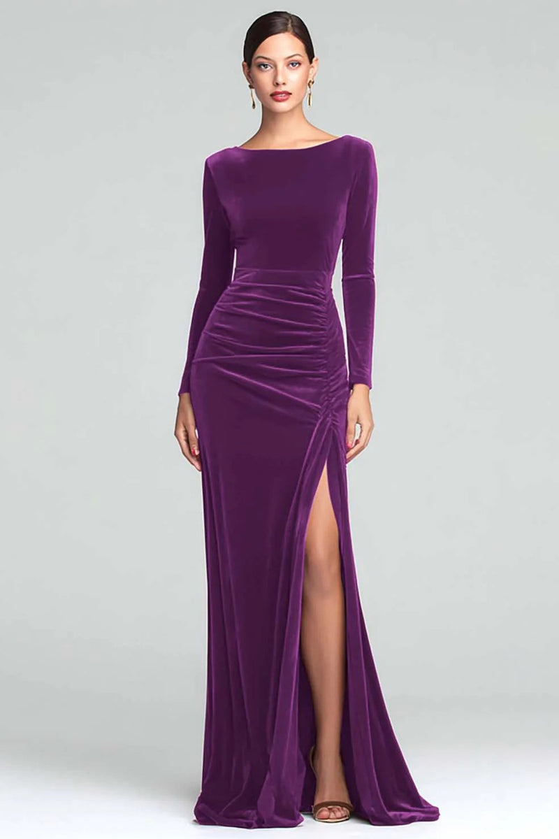 Load image into Gallery viewer, Burgundy Boat Neck Ruched Velvet Long Sleeves Holiday Party Dress