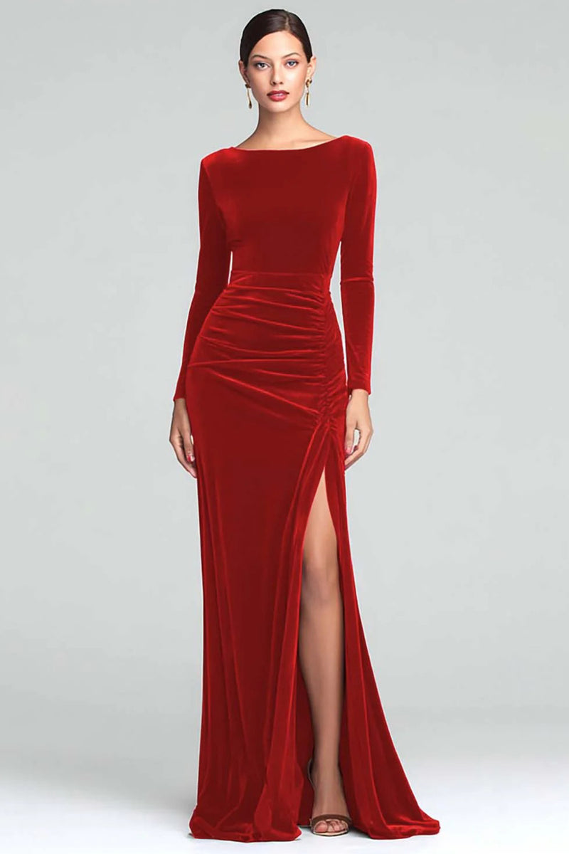 Load image into Gallery viewer, Burgundy Boat Neck Ruched Velvet Long Sleeves Holiday Party Dress