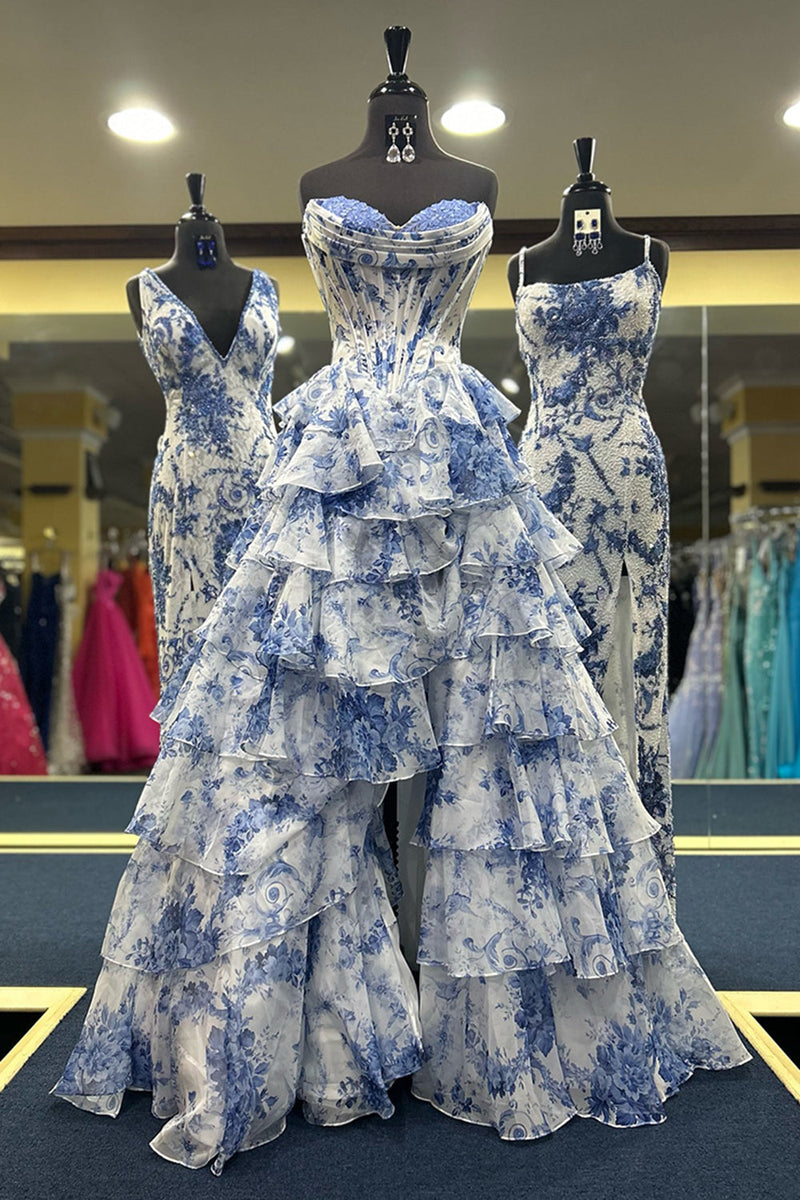 Load image into Gallery viewer, White Blue Flower Tiered Corset Strapless Long Chiffon Prom Dress