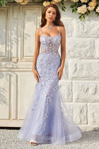 Sparkly Mermaid Purple Long Prom Dress with Appliques