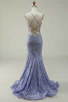 Load image into Gallery viewer, Halter Lace Purple Long Prom Dress with Slit