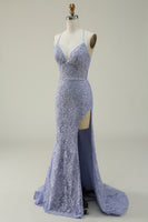 Load image into Gallery viewer, Halter Lace Purple Long Prom Dress with Slit