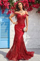 Load image into Gallery viewer, Cold Shoulder Mermaid Sequins Burgundy Long Prom Dress