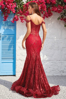 Cold Shoulder Mermaid Sequins Burgundy Long Prom Dress