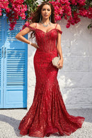 Load image into Gallery viewer, Cold Shoulder Mermaid Sequins Burgundy Long Prom Dress
