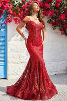 Load image into Gallery viewer, Cold Shoulder Mermaid Sequins Burgundy Long Prom Dress